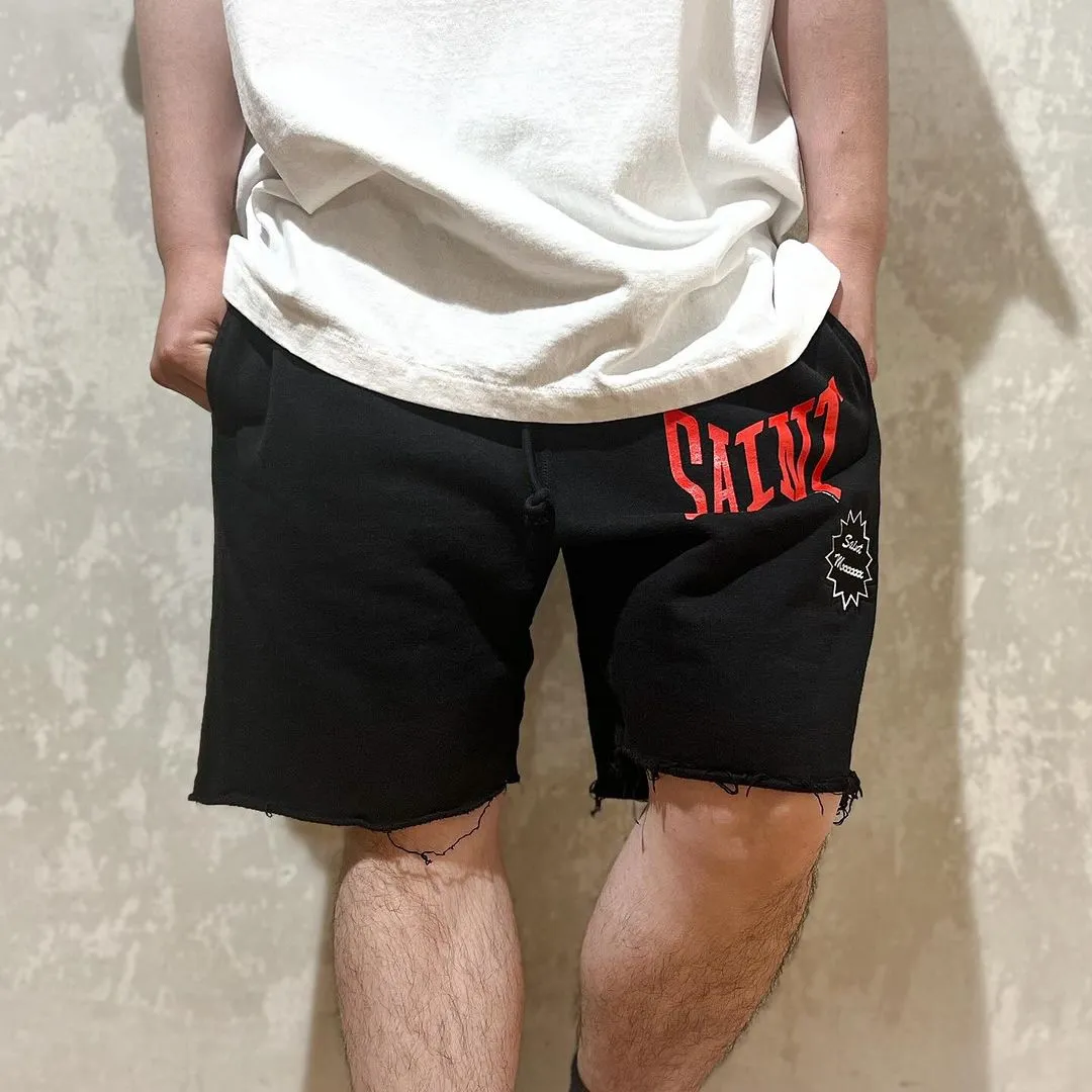 SAINT Mxxxxxx 'SAINT' SWEAT SHORTS/GRY/BLK embroidered SAINT LOGO basic shorts, distressed gray/washed black S-XL, four needles and six threads throughout, produced by a major domestic factory, imported Tajima machine embroidery, washed and distressed, original version